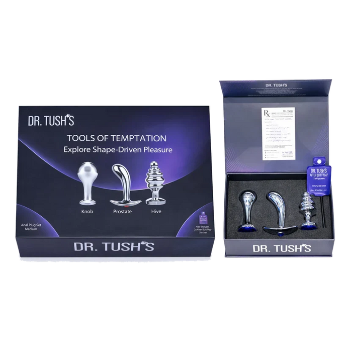 Dr. Tush’s Tools of Temptation Collection featuring three metal anal plugs in Knob, Prostate and Hive shapes, presented in premium display packaging.