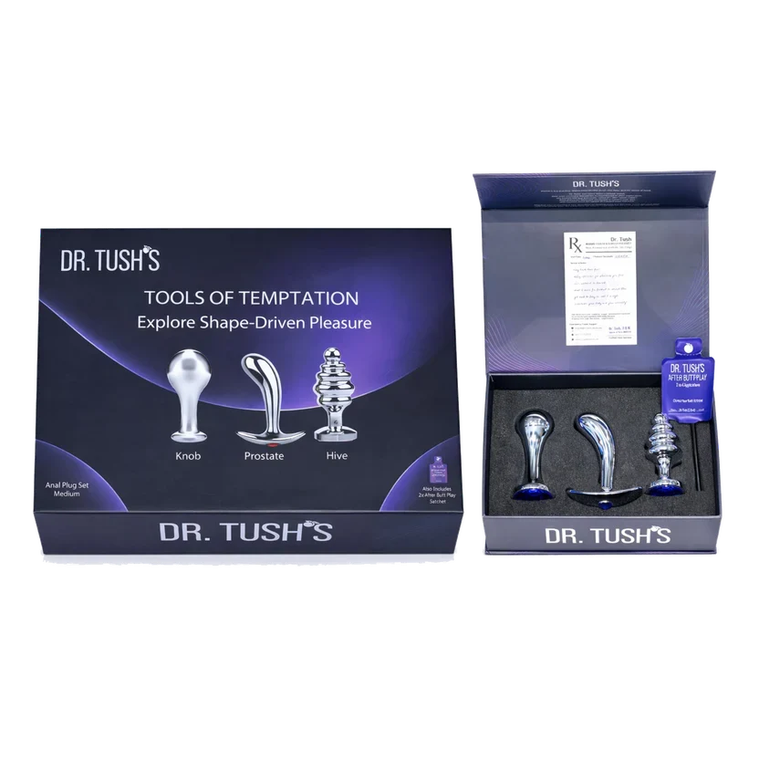 Dr. Tush’s Tools of Temptation Collection featuring three metal anal plugs in Knob, Prostate and Hive shapes, presented in premium display packaging.