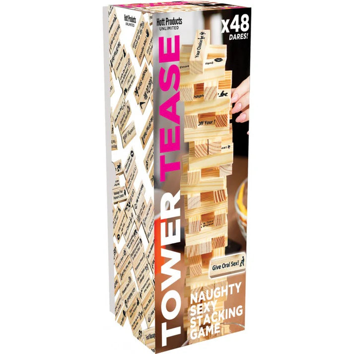Boxed game titled 'Tower Tease' with wooden blocks and text on a white background