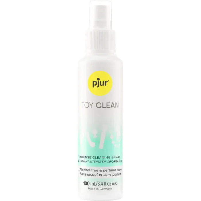 PJUR Toy Clean spray bottle with a yellow label on a white background