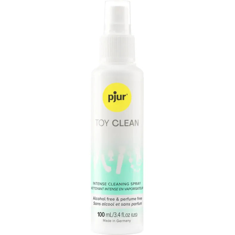 PJUR Toy Clean spray bottle with a yellow label on a white background