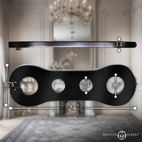 Black trapped wrist & ankle stocks with measurements overlaid on a blurred background