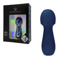 Blue travel with me mini pleasure wand next to its packaging on a white background