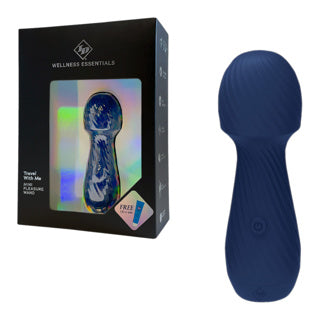 Blue travel with me mini pleasure wand next to its packaging on a white background