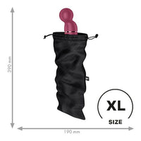 Black drawstring bag with a pink vibrator inside, showing dimensions and 'XL' size label.