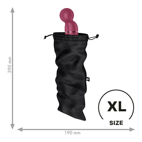 Black drawstring bag with a pink vibrator inside, showing dimensions and 'XL' size label.
