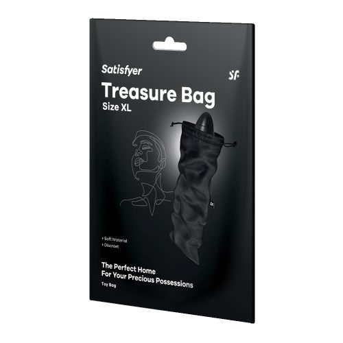 Satisfyer Treasure Bag packaging with black drawstring bag on a white background