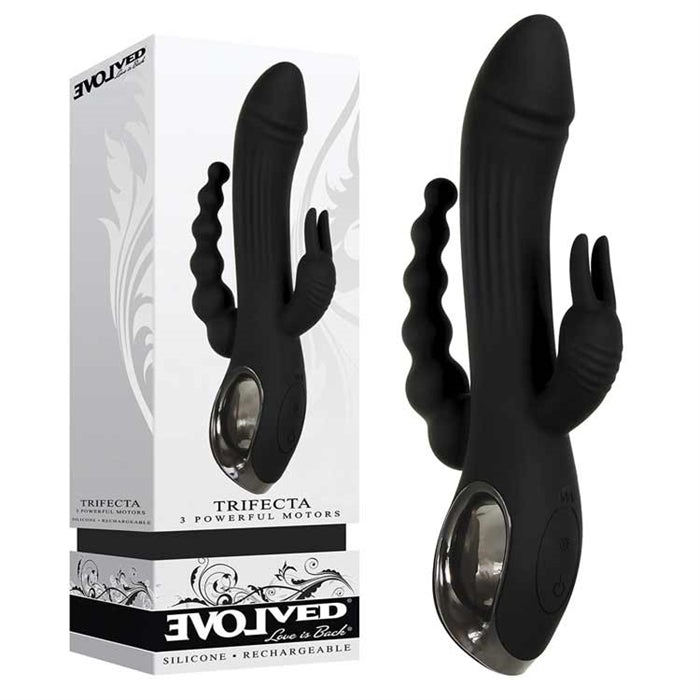 black double penetraor with rabbit clitoral stimulator and beaded anal stimulator next to box