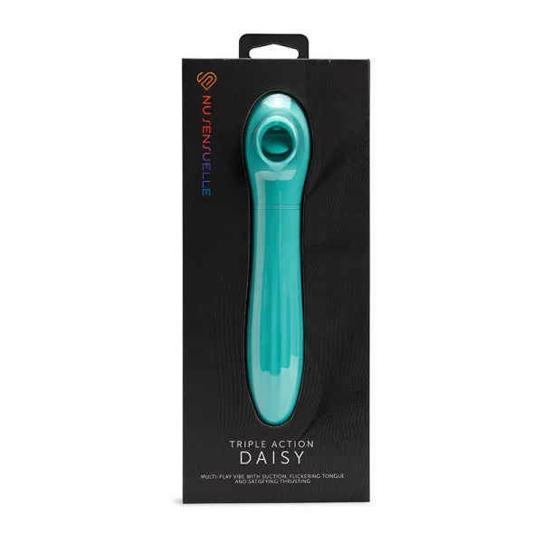 Teal triple action daisy sex toy with 'Nu Senuelle' branding on a black background