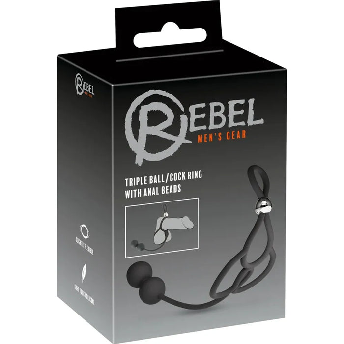 rebel box with picture of black silicone cockring with 2 testicle rings and anal beads
