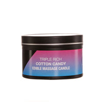 black tin can with purple and blue label, cotton candy edible massage candle
