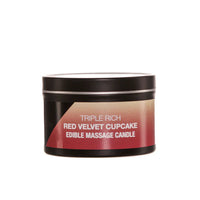 black tin with red and cream wrapper, edible red velvet cupcake massage candle