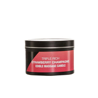 black tin with red label, strawberry champage edible massage candle 
