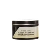 black tin with cream wrapper, vanilla ice cream edible massage candle