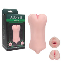 Mouth, vagina and butt masturbator with 'Adore U Hom' packaging on a white background