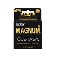Box of Trojan Magnum Ecstasy condoms on a white background