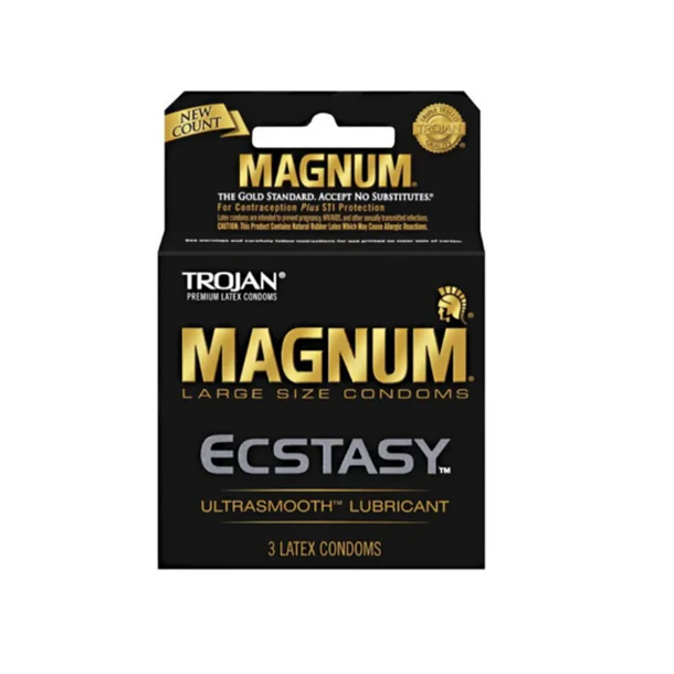 Box of Trojan Magnum Ecstasy condoms on a white background
