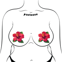 female body form with red hibiscus flower pasties on breasts