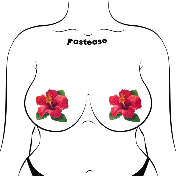female body form with red hibiscus flower pasties on breasts