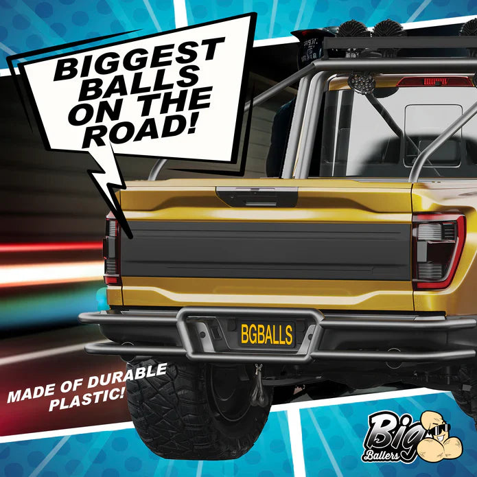 Yellow truck with 'BIGGEST BALLS ON THE ROAD!' text and 'Big Balls' logo.