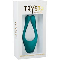 a white display box showing off a teal "frog legs" shaped vibrator.