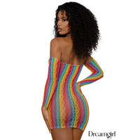 female model wearing rainbow tube top dreass with gloves. back view
