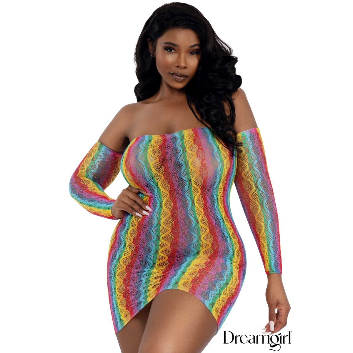 female model wearing rainbow tube top dreass with gloves. front view in plus size