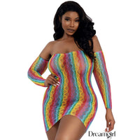 female model wearing rainbow tube top dreass with gloves. front view in plus size