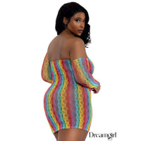 female model wearing rainbow tube top dreass with gloves. back view in plus size