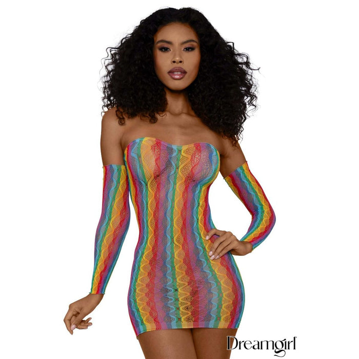 female model wearing rainbow tube top dreass with gloves. front view
