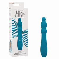 vibrator with 3 bulb shapes at top, with a sleek middle, in blue, beside box packaging