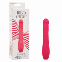 pink vibrator with penis shaped head, bumps on shaft, beside box packaging