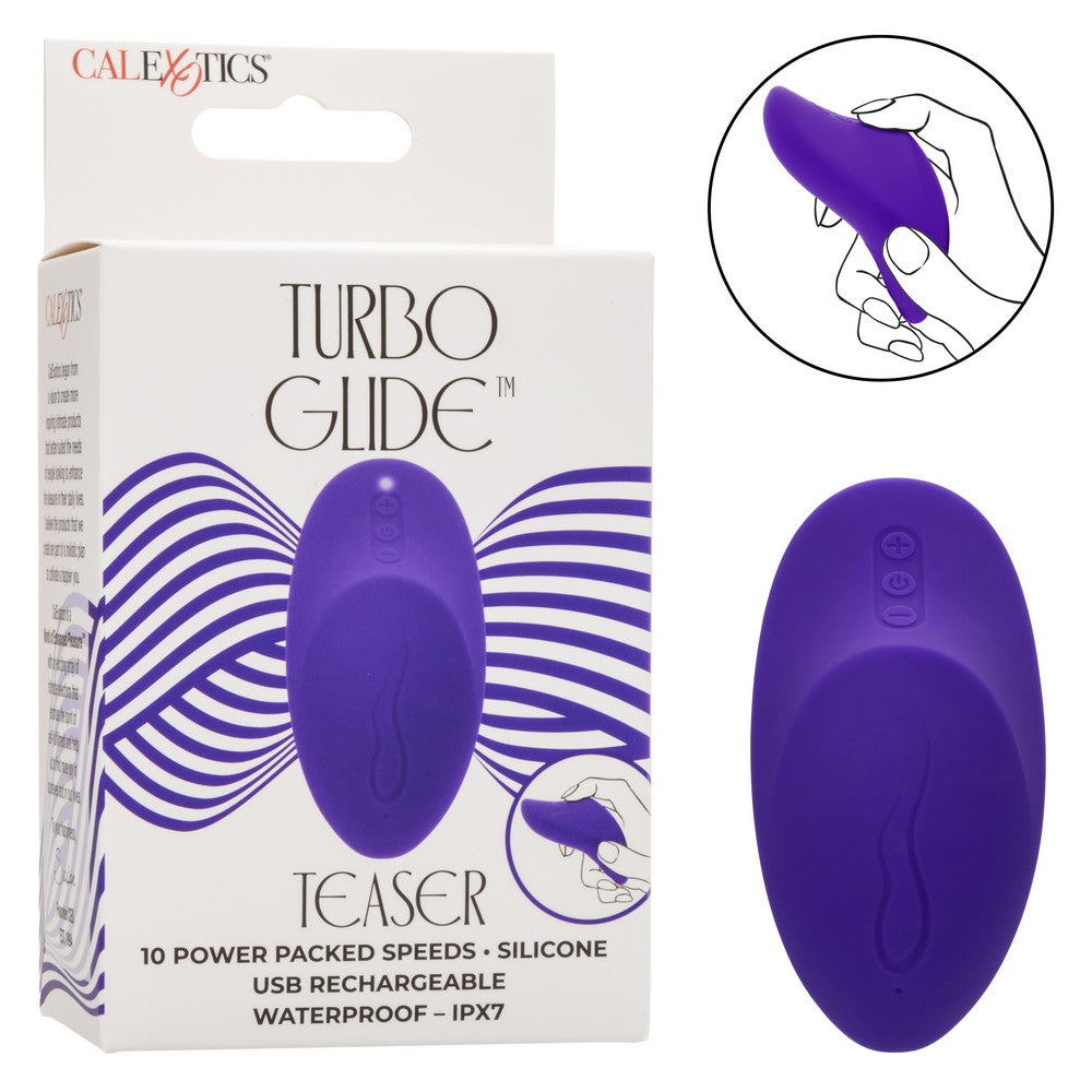 hand held palm massager with tv shape end for clitoral stimulation, in purple, beside box packaging