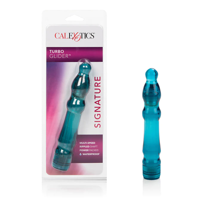 a transparent blue vibrator with a multi sized ripple tip shown next to its plastic packaging