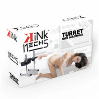 female in kneeling position with sex macine with dildo behind on box packaging