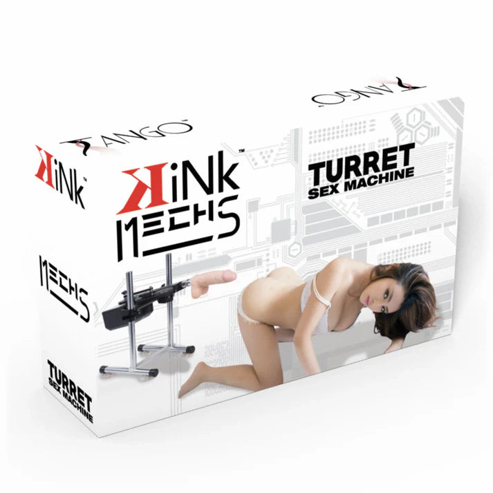 female in kneeling position with sex macine with dildo behind on box packaging
