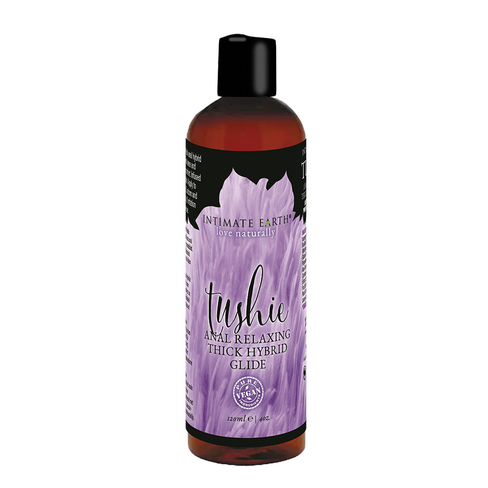 dark bottle with purple label tushie anal relaxing thick hybrid lubricant 4oz