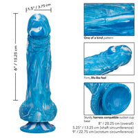 Blue silicone dildo with measurements and features on a white background