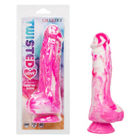 Pink and white marbled dildo with packaging labeled 'Twisted Love' by CalExotics on a white background.