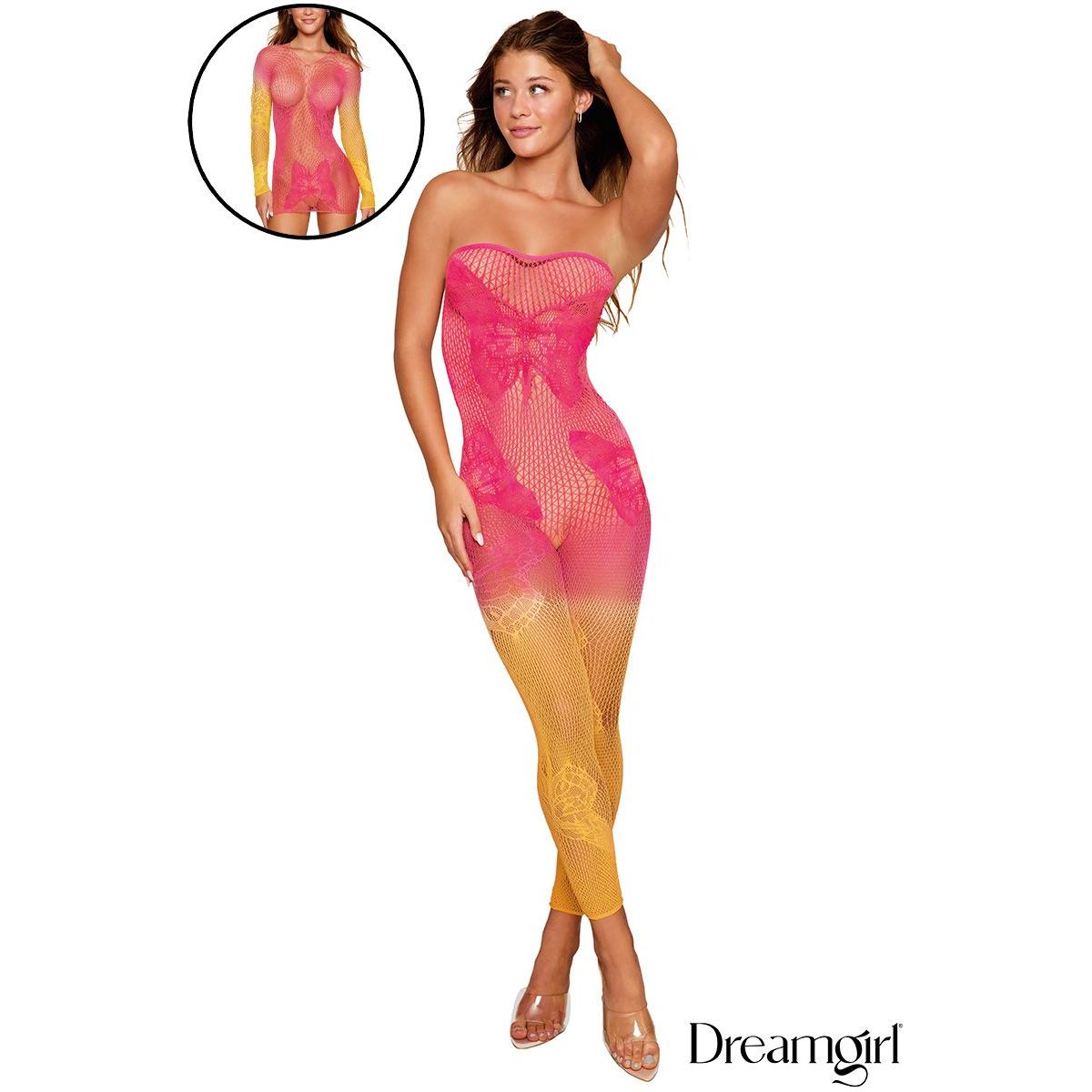 pink & yellow mesh bodystocking  