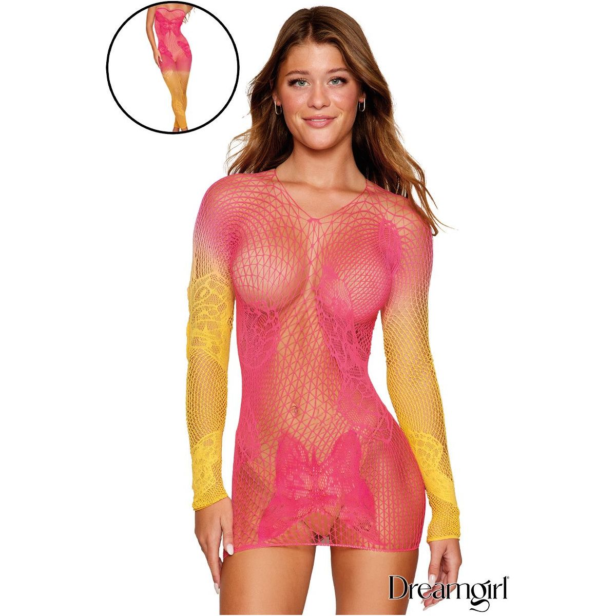 pink mesh dress with yellow long sleeves