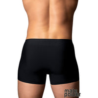 male wearing black boxers back view