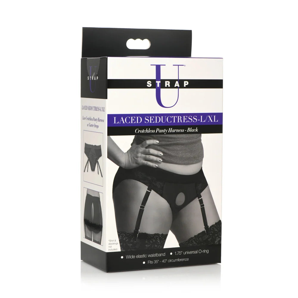 box packaging with laced strap on harness in black