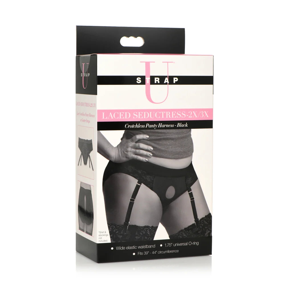 box packaging with laced strap on harness in black