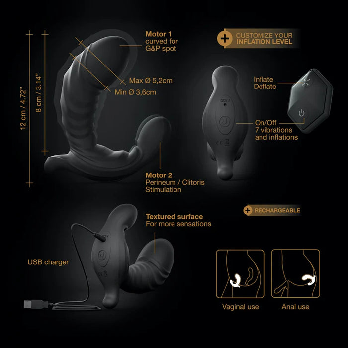 dorcel prostate massager Product diagram with labeled features on a dark background