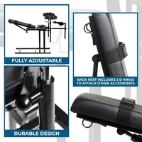 adjustable back rest and D-rings, labeled 'Fully Adjustable', 'Back Rest Includes 2 D-Rings', and 'Durable Design'.