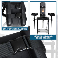 Black sex chair with leg and torso straps, showing comfort padding and attachments.