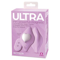 Purple packaging of Ultra I heart you vibrating panty vibrator, with icon branding on a white background