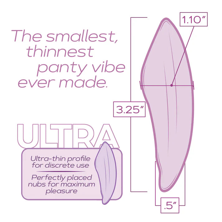 Diagram of a thin purple panty vibe with measurements and text on a white background
