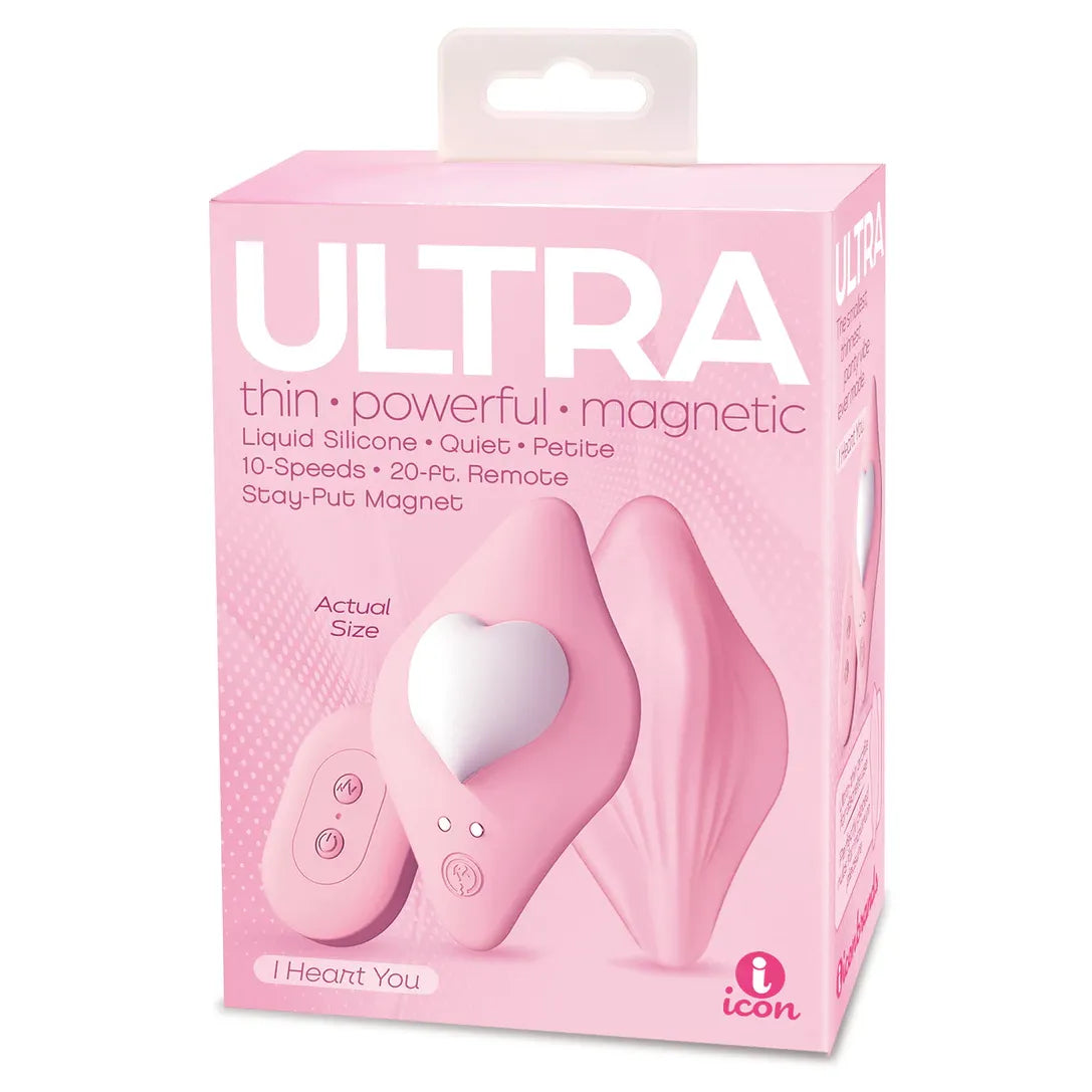 Pink packaging of Ultra I heart you vibrating panty vibrator, with icon branding on a white background